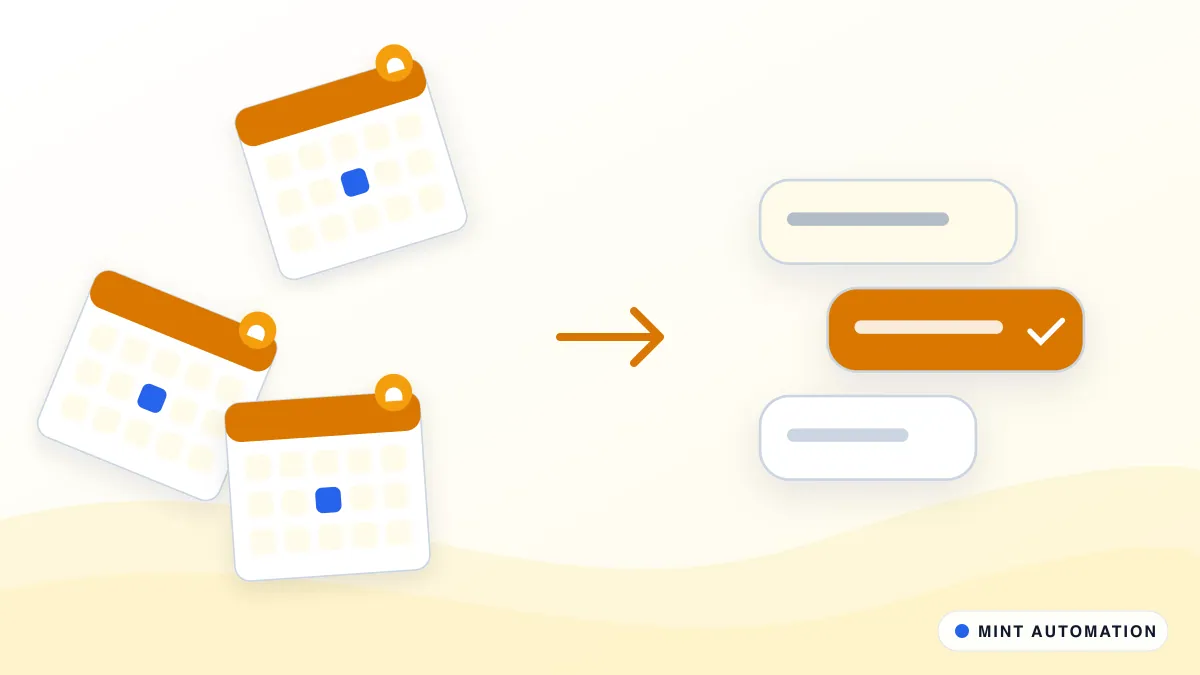 Illustration contrasting scattered calendars with chat messages neatly organised, with MINT Automation branding.