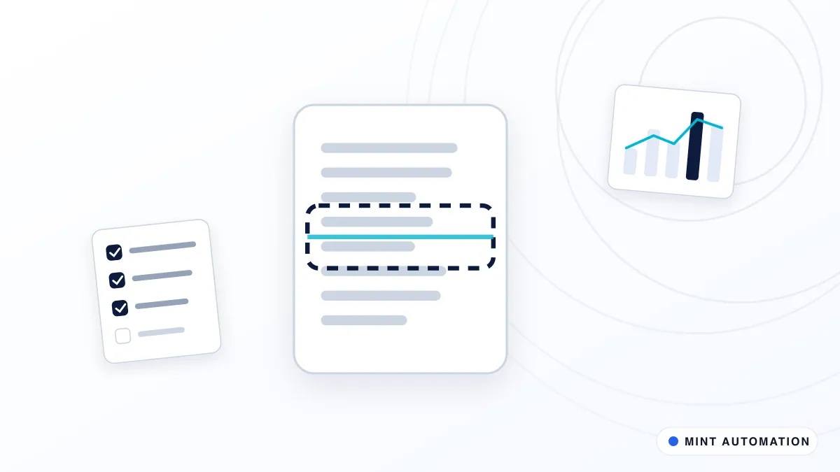 Illustration centred on a scanned document, with a checklist alongside, with MINT Automation branding.
