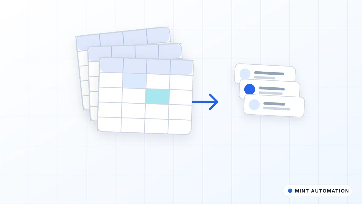 Illustration of a neat stack of spreadsheets feeding into CRM contact cards, with MINT Automation branding.