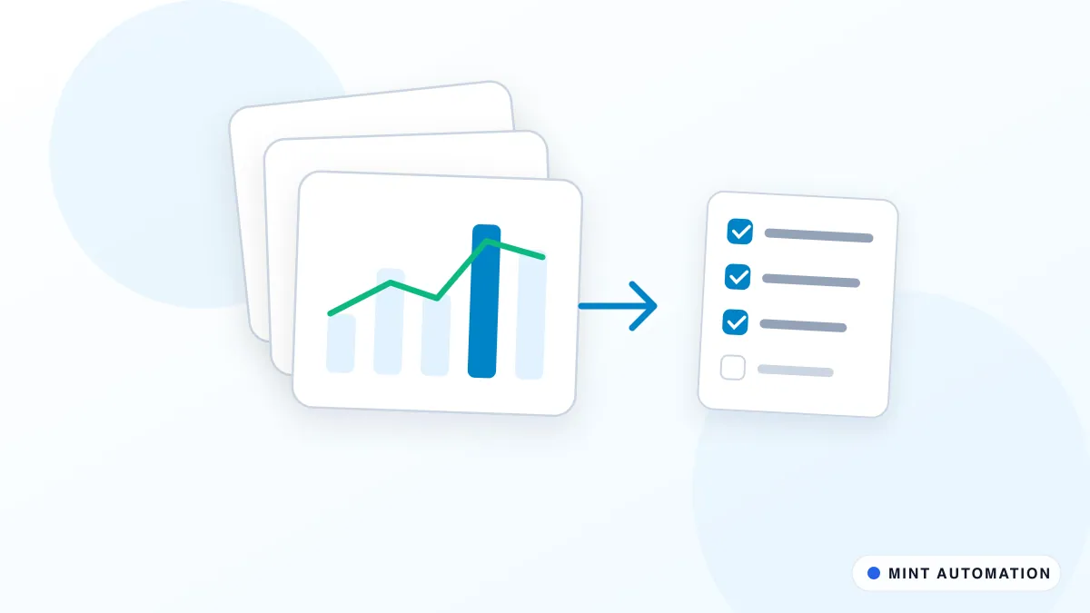 Illustration of a neat stack of charts feeding into a checklist, with MINT Automation branding.